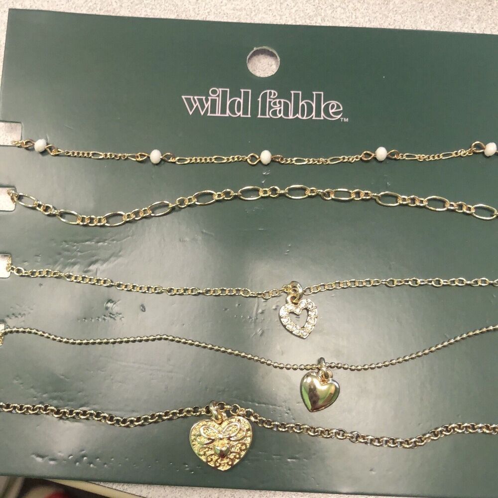 Wild Fable Set of 5 Delicate Gold Tone Necklaces Heart Charm Crystal Pearls New - Picture 3 of 7